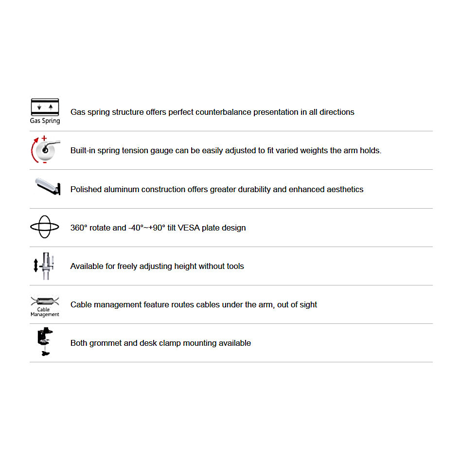 Metalnic MT-D500 ขาตั้งจอคอม ขายึดจอคอม 2 จอแบบ Gas Spring structure สำหรับจอขนาด 13-27 นิ้ว Max VESA 100x100mm., weight capacity 9 Kg./screen