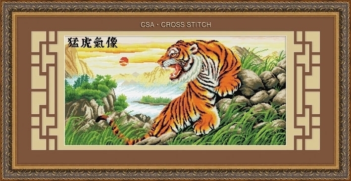 ชุดปักครอสติช ลายเสือมงคล (งานปักเต็มลาย) ปักครั้งละ 3 เส้นเล็ก ขนาด 88*48 ซม.ผ้าครอสติช 11CTพิมพ์ลายปักเต็มลายผ้า ไหมคอตตอน 49 สี ผังลาย เข็ม
