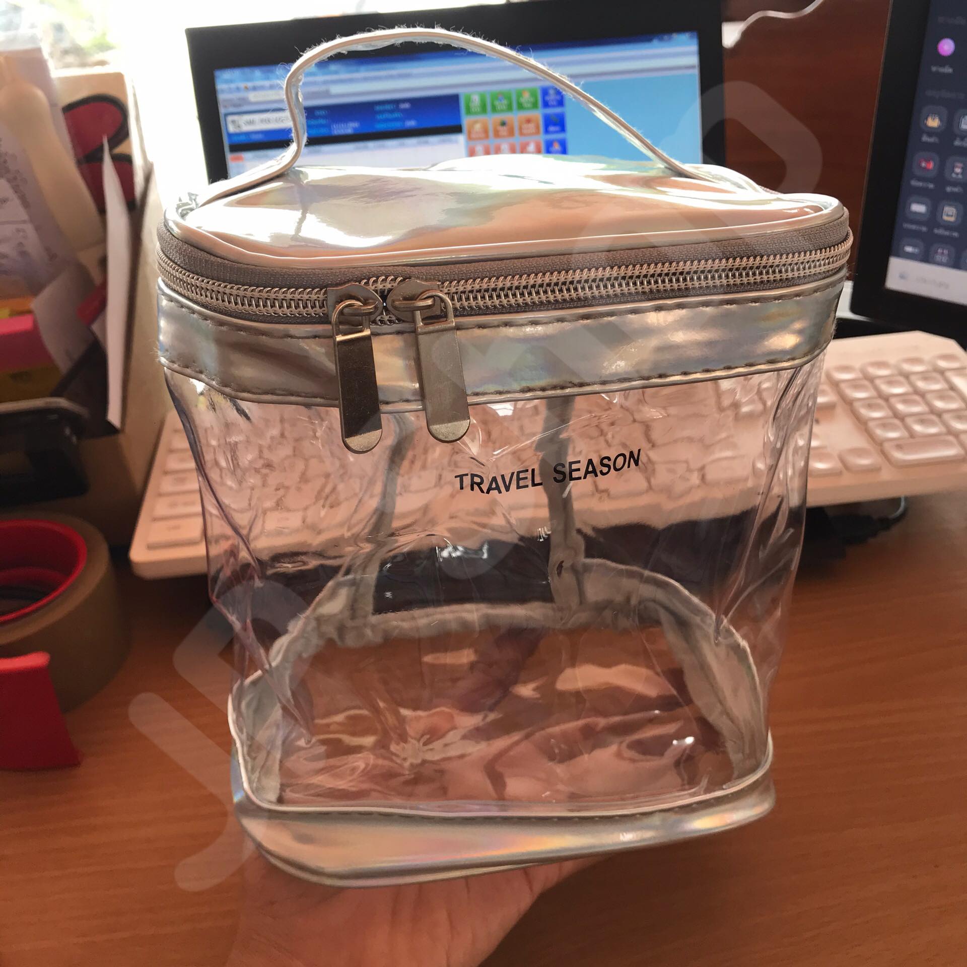 กระเป๋าใส่เครื่องสำอาง ทรงกระบอก สีเทา โปร่งใส ราคา/1 ใบ #0131