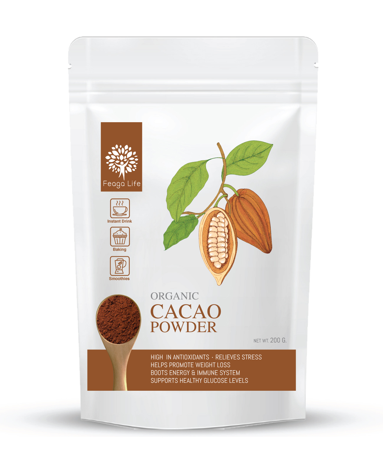 CACAO Powder ผิวสวย อารมณ์ดี ลดน้ำหนัก 200 กรัม ผงคาเคา ยี่ห้อ Feaga Life ผง Superfood คุณภาพพรีเมี่ย