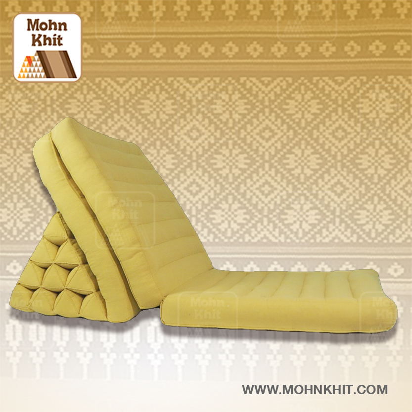 หมอนสามเหลี่ยมเหลืองพาสเทล 10 ช่องติดเบาะ 3พับ 53x200x30cm// Triangle kapok100%Traditional Floor Cushions 10 holes with 3 part of mattress. สำเนา