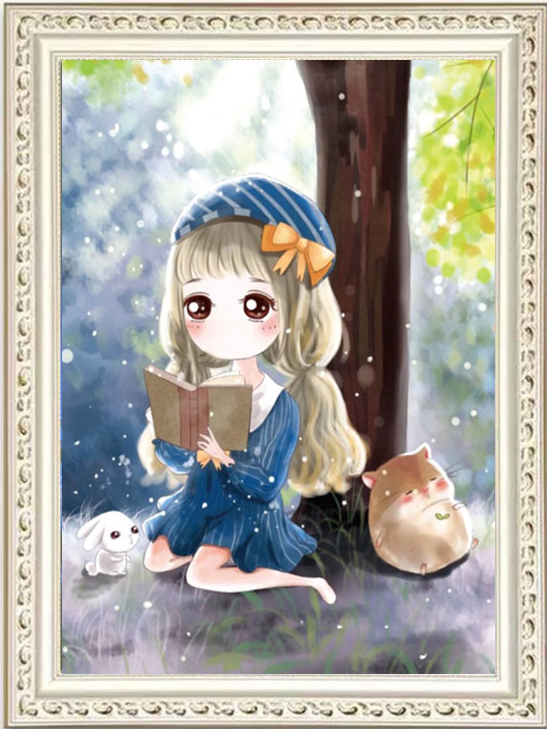 ชุดปักครอสติช ลายสาวน้อยอ่านหนังสือ (งานปักเต็มลาย ไม่มีเดินเส้น) ขนาด 51*68 ซม.ผ้าครอสติช 11CTพิมพ์ลายปักบนผ้า ไหมคอตตอน 50 สี ผังลาย เข็ม