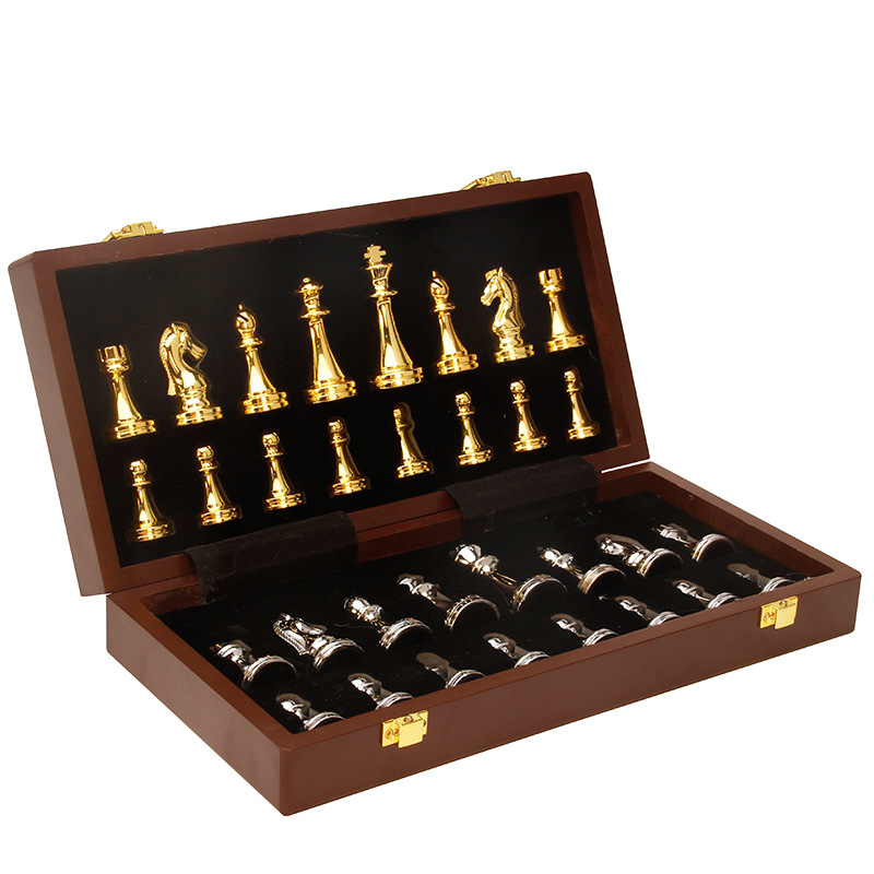 ชุดหมากรุกสากลไม้พับ (ตัวZinc Alloy สีgold & silver) Wooden Chess Set