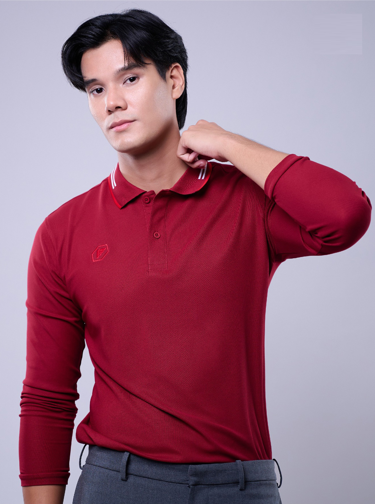 PEGAN POLO SPORT 16-24079 เสื้อคอปกแขนยาว เสื้อโปโลสปอร์ต สีแดงเลือดหมู ชาย