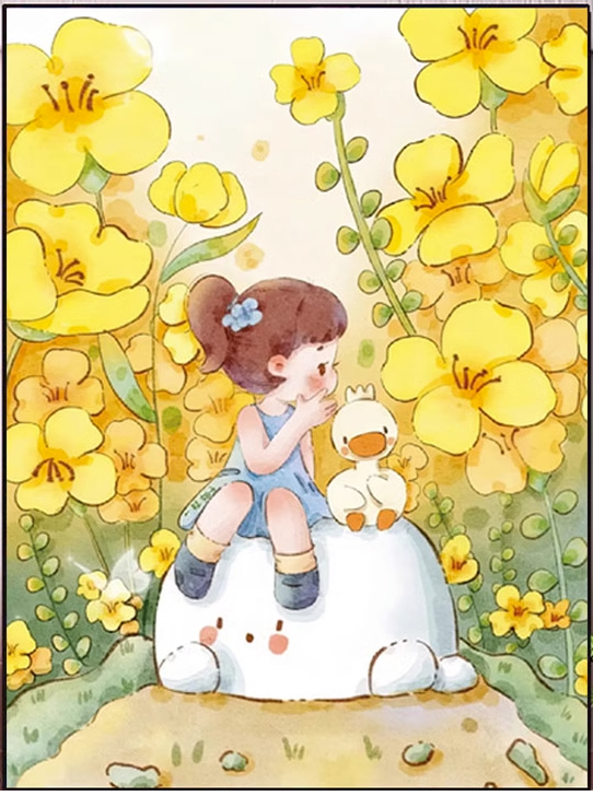 ชุดปักครอสติช ลายสาวน้อยกับน้องเป็ดในสวนดอกไม้ (งานปักเต็มลาย ไม่มีเดินเส้น) ปักครั้งละ 3 เส้นเล็ก ขนาด 50*63 ซม.ผ้าครอสติช 11CTพิมพ์ลายปักบนผ้า ไหมคอตตอน 44 สี ผังลาย เข็ม