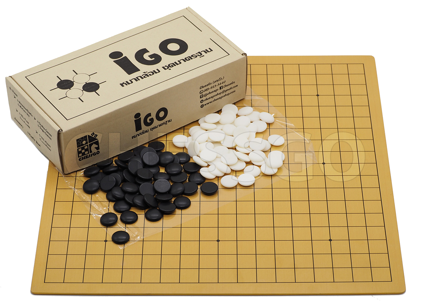 ชุดหมากล้อมไม้ (กระดานไม้บาง5mm-19เส้น+เม็ดนูน1ด้าน)