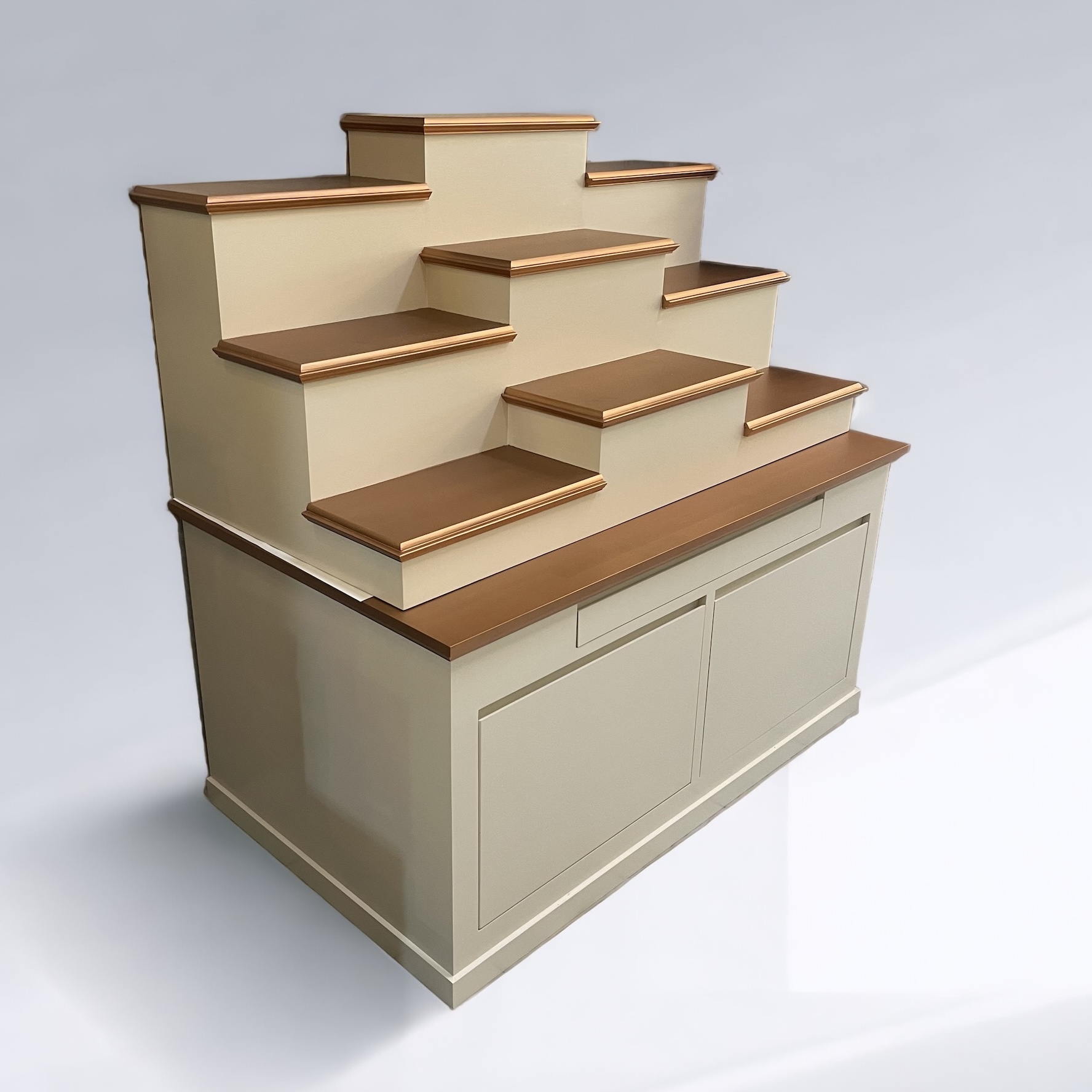 ตู้พระแบบสูง 9x8 โมเดิร์น ขั้นบันได 9 ขั้น สีครีมท็อปพิงค์โกลด์