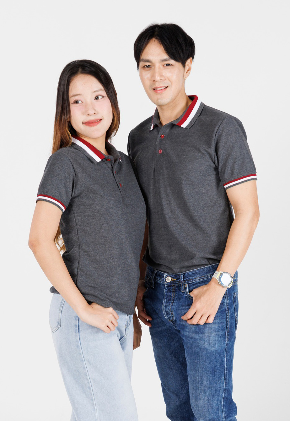 HBP POLO เสื้อโปโล เสื้อคอปก ยูนิฟอร์ม สีเทาเข้มปกขาวแดง