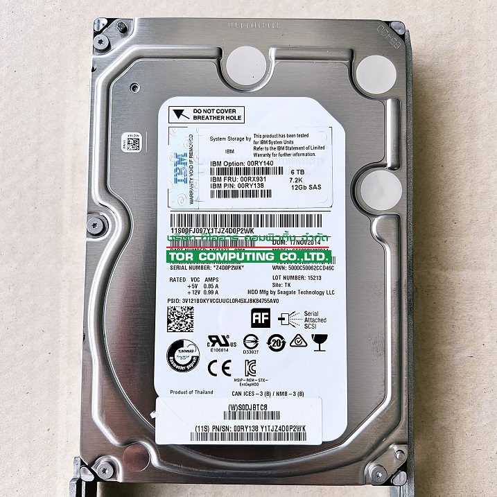 IBM 00RY138 [TorCompTH Thailand - ขาย จำหน่าย ราคา] IBM 6TB 7.2K 12Gb SAS 3.5IN HDD for IBM V3700