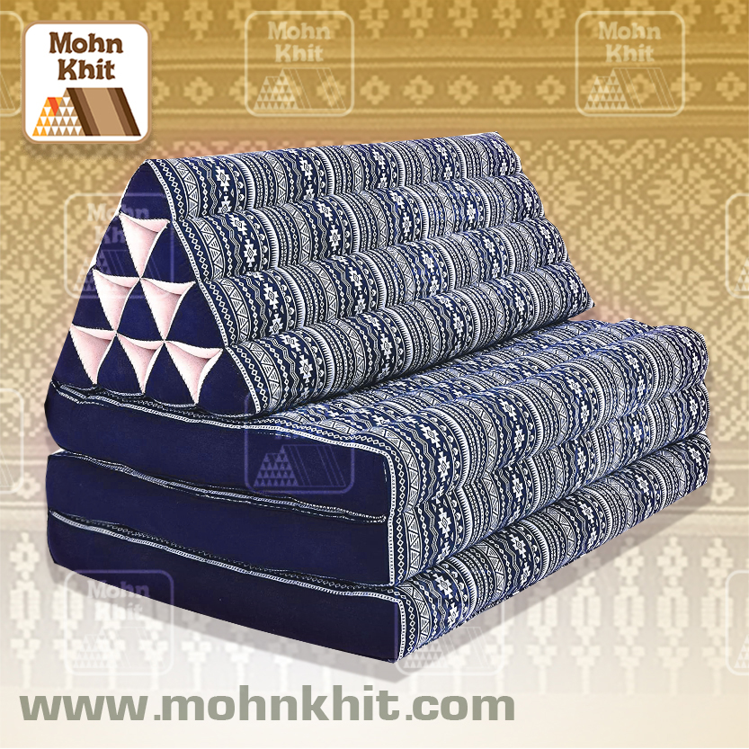 หมอนสามเหลี่ยมลายเขียนเทียนสีกรม 10 ช่องติดเบาะ 3 พับ 80x170x30 cm // Large Tri-angle kapok silk 100%Traditional Floor Cushions 10 holes with 3 part of mattress.