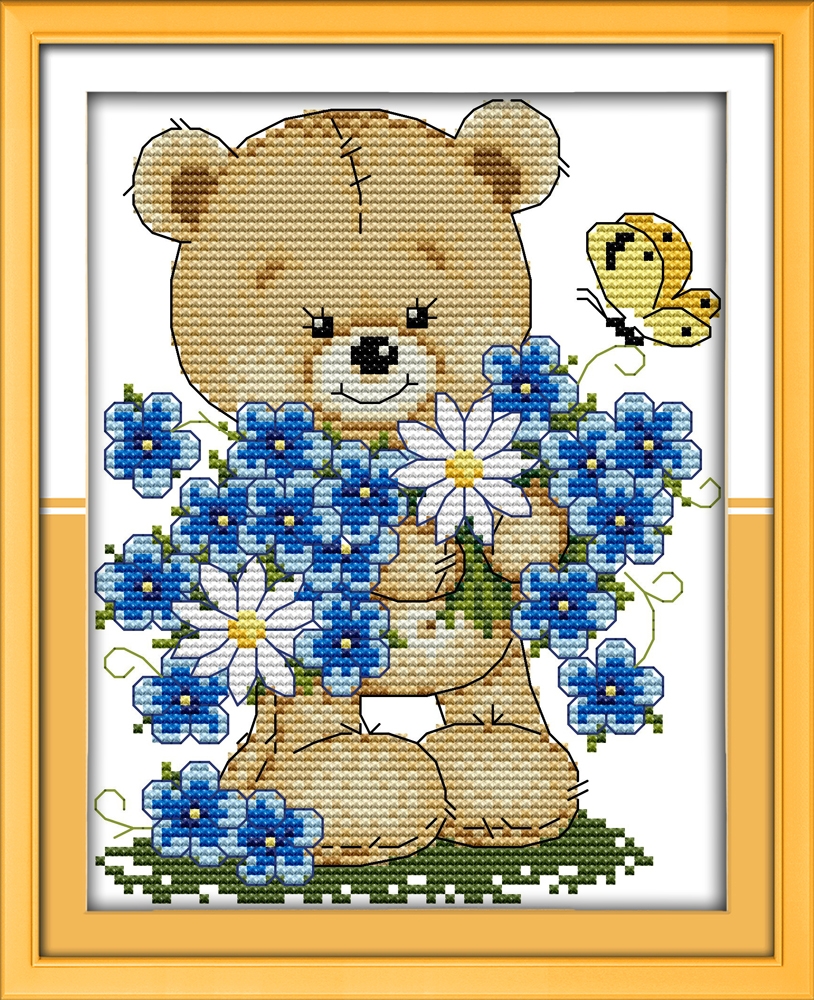 ชุดปักครอสติช ลายหมีน้อยกับดอกไม้ ขนาด 22*26 ซม. ผ้าครอสติช 11CTพิมพ์ลายปักบนผ้า ไหมคอตตอน 16 สี ผังลาย เข็ม