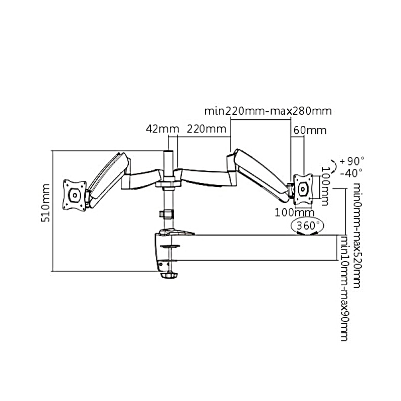 Metalnic MT-D500 ขาตั้งจอคอม ขายึดจอคอม 2 จอแบบ Gas Spring structure สำหรับจอขนาด 13-27 นิ้ว Max VESA 100x100mm., weight capacity 9 Kg./screen
