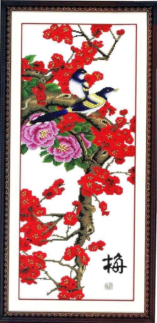 ชุดปักครอสติช ลายนกน้อยกับช่อเหมย ขนาด 40*95 ซม ผ้าครอสติช 11CTพิมพ์ลายปักบนผ้า ไหมคอตตอน 32 สี ผังลาย เข็ม