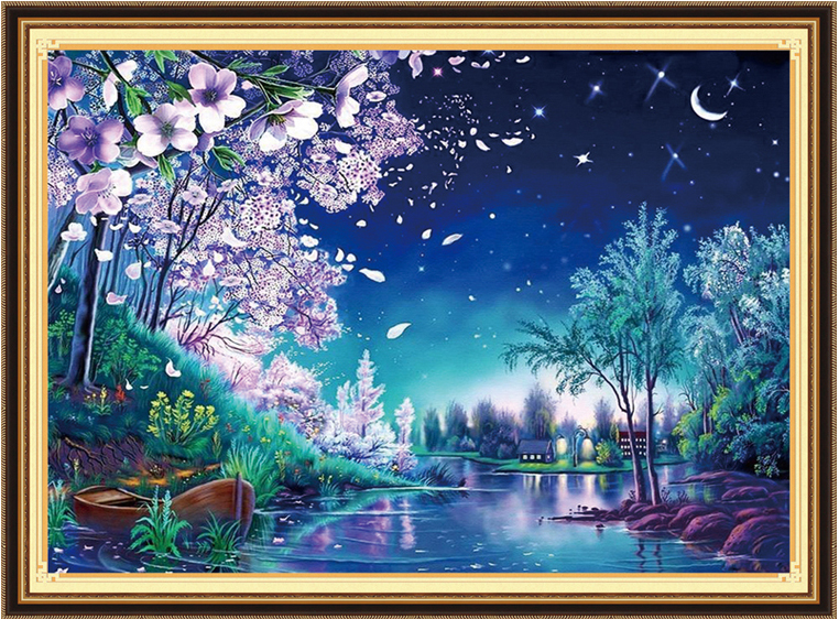 ชุดปักครอสติช ลายราตรีสีน้ำเงิน (งานปักเต็มลาย ไม่มีเดินเส้น) ขนาด 71*53 ซม.ผ้าครอสติช 11CTพิมพ์ลายปักบนผ้า ไหมคอตตอน 40 สี ผังลาย เข็ม