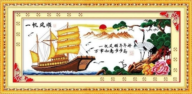 ชุดปักครอสติช ลายล่องเรือสำเภาทอง ขนาดใหญ่ 133*60 ซม ผ้าครอสติช 11CTพิมพ์ลายปักบนผ้า ไหมคอตตอน 32 สี ผังลาย เข็ม