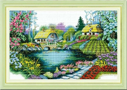ชุดปักครอสติช ลายบ้านสวยในสวนดอกไม้ ขนาด 83*58 ซม.ผ้าครอสติช 11CTพิมพ์ลายปักบนผ้า+ไหมคอตตอน 45 สี+ผังลาย+เข็ม