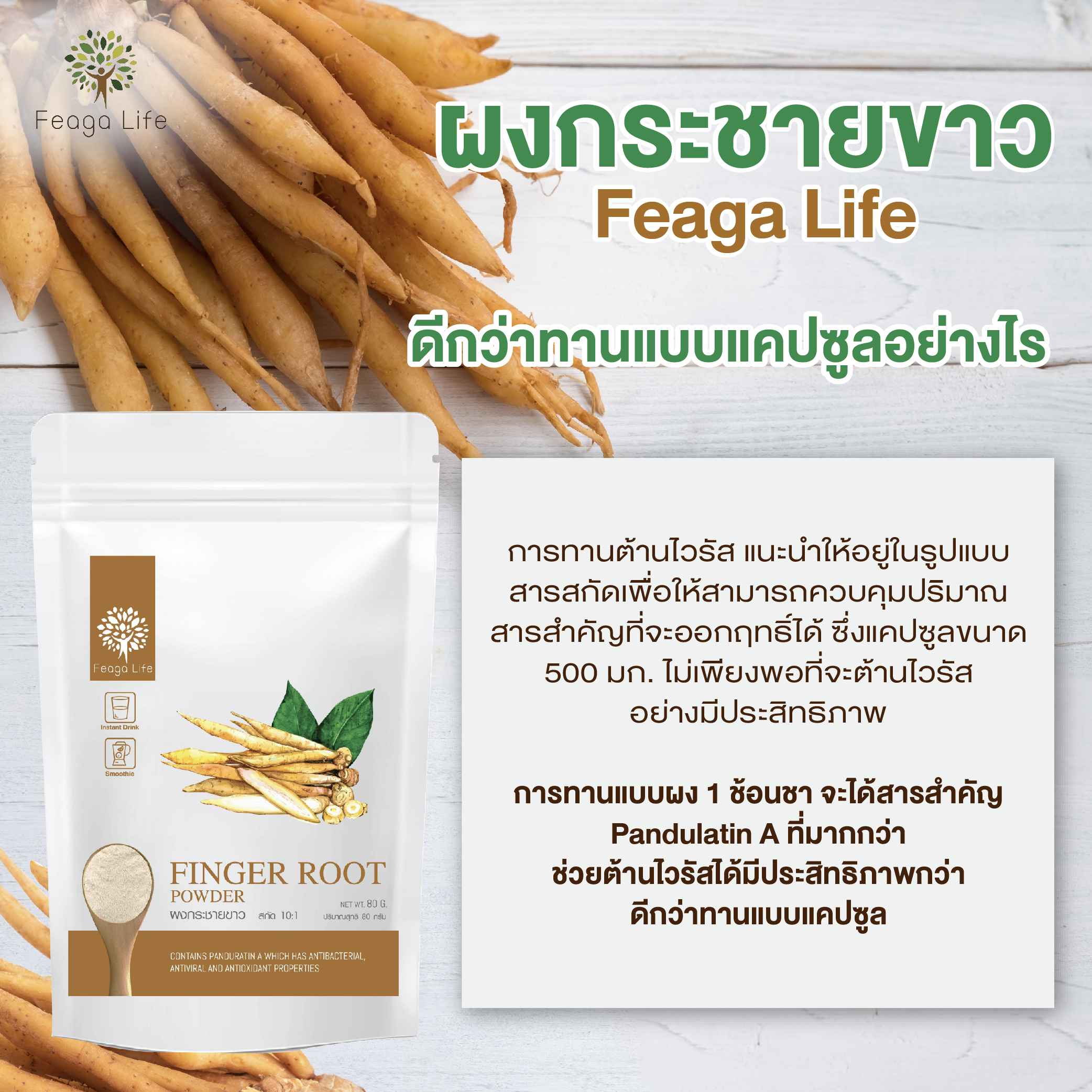 ผงกระชายขาว สารสกัดกระชายขาวเข้มข้น 10 เท่า ต้านโควิด ยี่ห้อ Feaga Life ฟีก้าไลฟ์ 80 กรัม