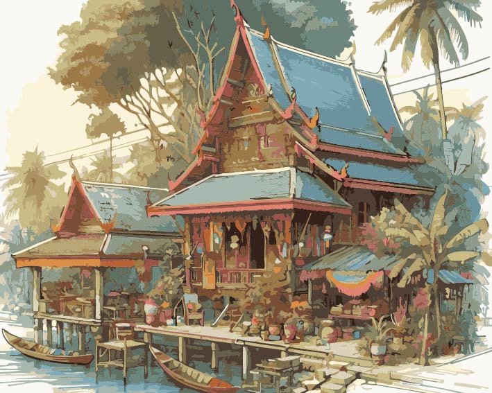 ภาพระบายสีตามตัวเลข "เรือนไทยริมคลอง"