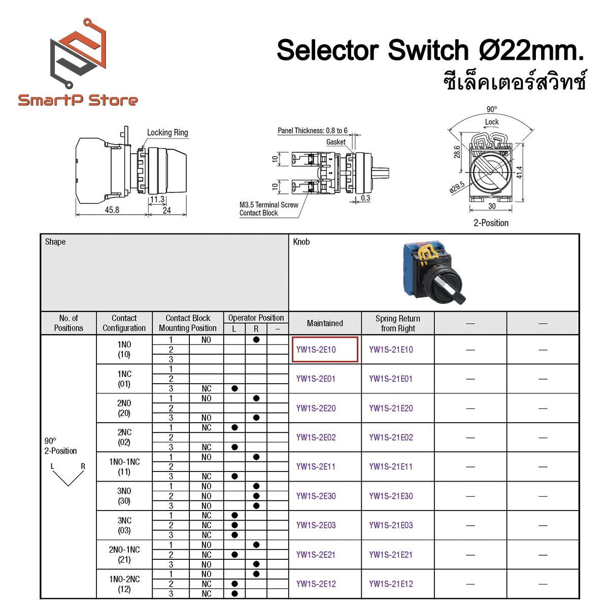 IDEC Selector Switches ซีเล็คเตอร์สวิตท์ ขนาด 22mm. รุ่น YW1S-2E10/ YW1S-3E20
