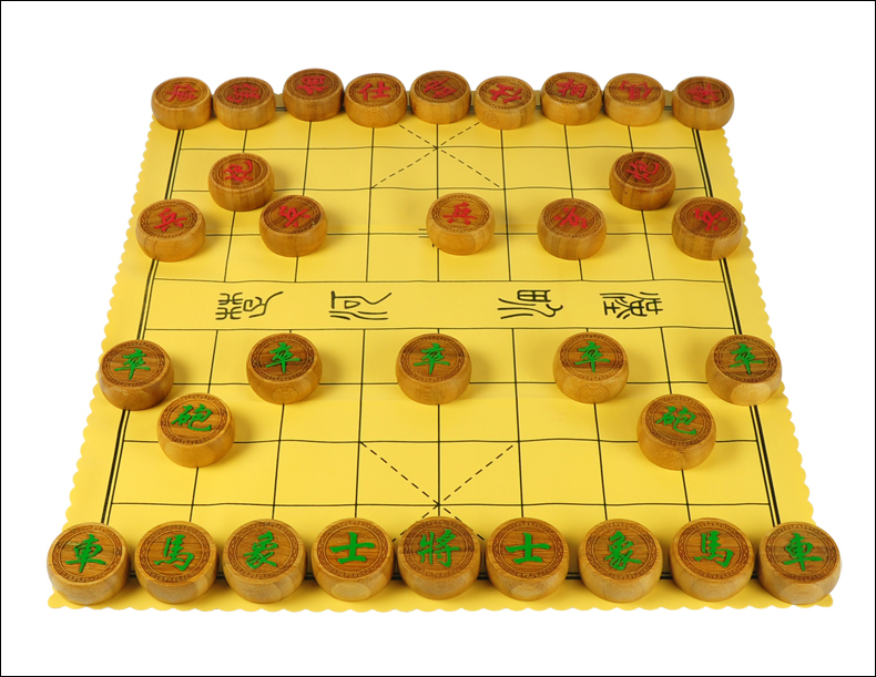 หมากรุกจีนไม้ไผ่ (ตัวสีเขียวแดง+กล่องไม้+กระดานหนัง#50) Bamboo Chinese Chess Pieces with Bamboo Box #45