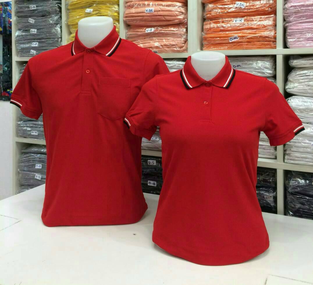 PLG เสื้อโปโล เสื้อคอปก ยูนิฟอร์ม สีแดง ขลิบดำขาว แขนจั้มครึ่ง