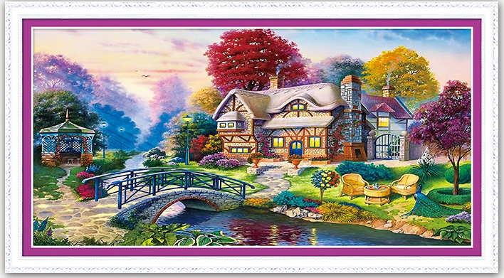 ชุดปักครอสติช ลายบ้านใหญ่ในสวนสวย (งานปักเต็มลาย) ขนาด 100*55 ซม.ผ้าครอสติช 11CTพิมพ์ลายปักเต็มลายผ้า ไหมคอตตอน 42 สี ผังลาย เข็ม
