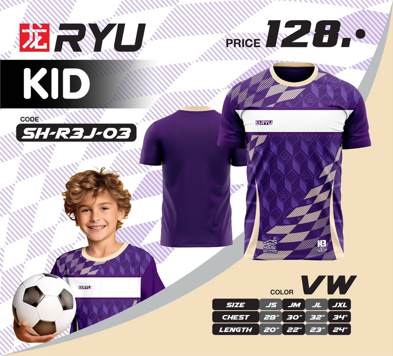 RYU SPORT SH-R3J-03 เสื้อกีฬาเด็ก ชุดกีฬาเด็ก เสื้อเด็ก สีม่วง สำเนา