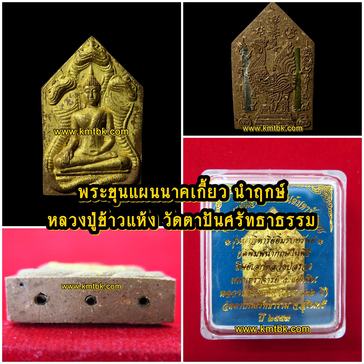 พระขุนแผนนาคเกี้ยว หลวงปู่ข้าวแห้ง วัดตาปันศรัทธาธรรม จ.สุรินทร์ (ศิษย์หลวงปู่สรวง เทวดาเล่นดิน) พิมพ์นำฤกษ์ปิดทองแท้ ตะกรุด 5ดอก เนื้อผง ขนาดห้อยคอ ปี2559