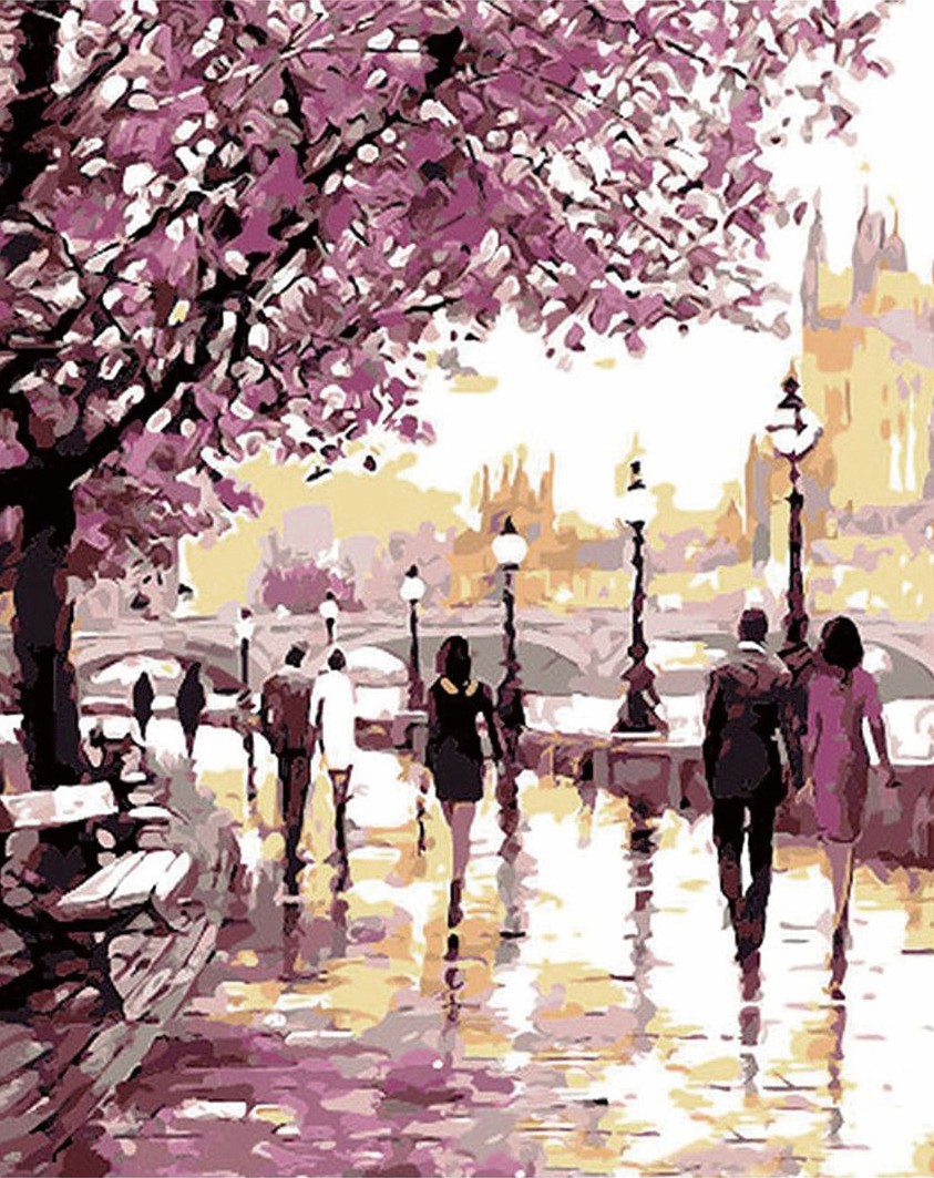 CG0033 ภาพระบายสีตามตัวเลข "ทางเดินริมน้ำสีชมพู"