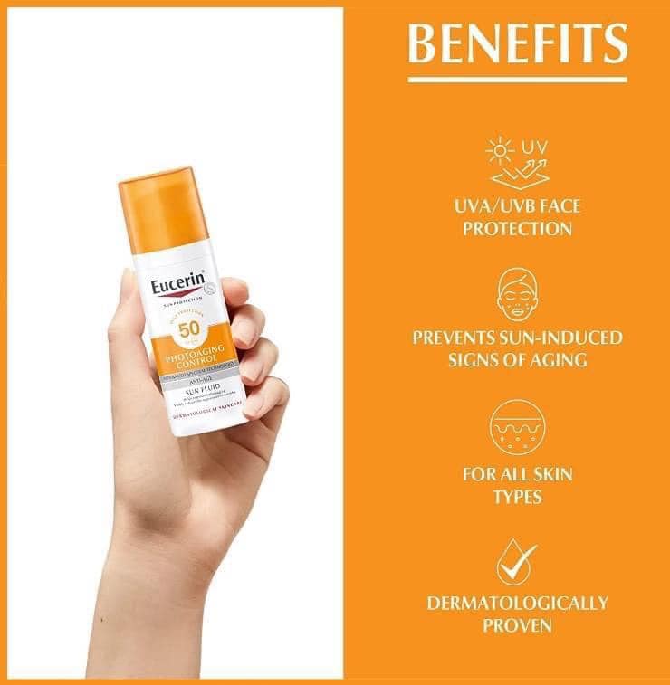 Eucerin PhotoAging Control Sun Fluid SPF 50+ 50ml. ครีมกันแดดช่วยลดเลือนริ้วรอย