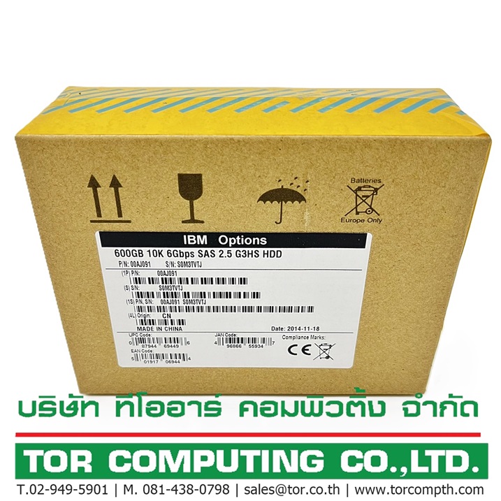 IBM 00AJ091 [TorCompTH Thailand ขาย จำหน่าย ราคา] IBM 600GB 10K 6G SAS 2.5IN G3HS HDD for IBM x3550/x3650 M5