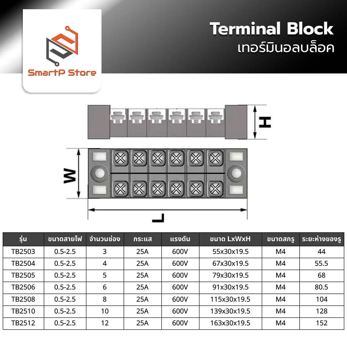 TB25A 600V เทอร์มินอล บล๊อกต่อสายไฟ Terminal Block