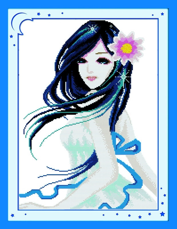 ชุดปักครอสติช ลายสาวงามดอกไม้ชมพู ขนาด 44*55 ซม.ผ้าครอสติช 11CTพิมพ์ลายปักบนผ้า ไหมคอตตอน 21 สี ผังลาย เข็ม