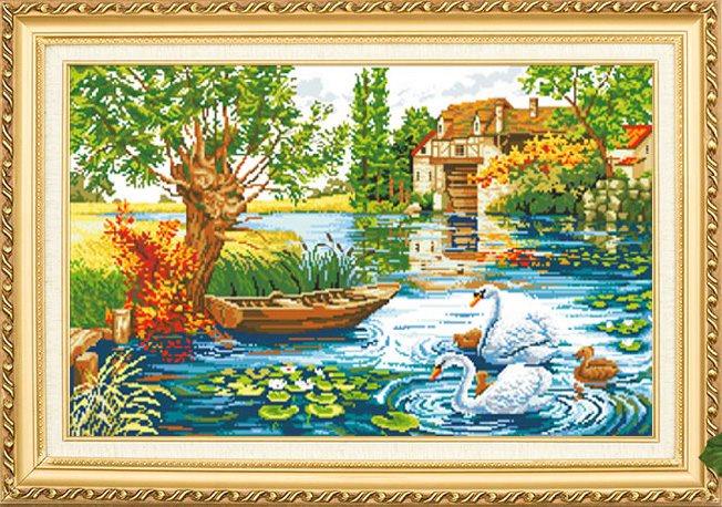 ชุดปักครอสติช ลายบ้านสวยริมบึงครอบครัวหงส์ ขนาด 95*64 ซม.ผ้าครอสติช 11CTพิมพ์ลายปักบนผ้า ไหมคอตตอน 40 สี ผังลาย เข็ม