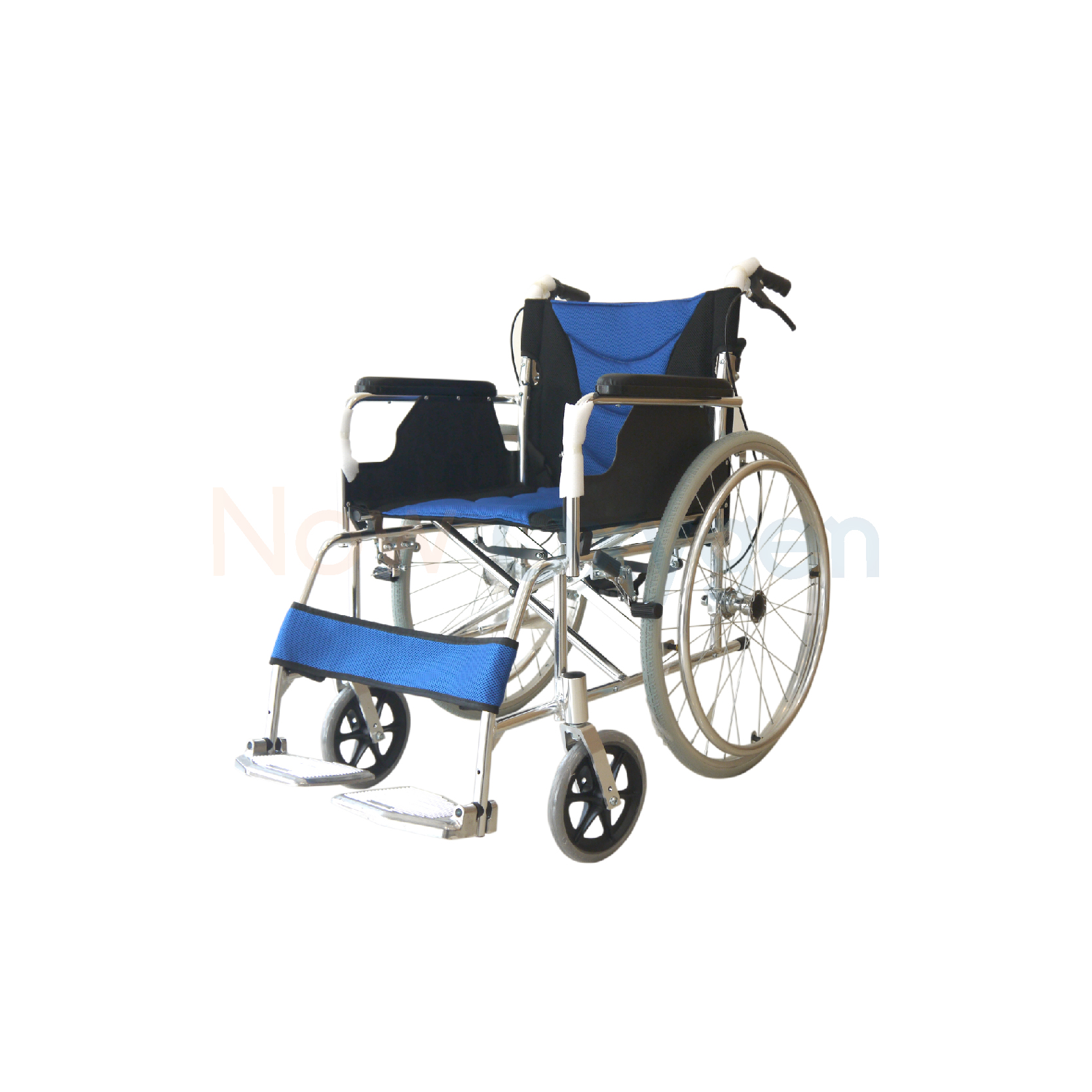 รถเข็นผู้ป่วย แบบพับได้ น้ำหนักเบา สีน้ำเงิน (Wheelchair) รับประกัน 1 ปี