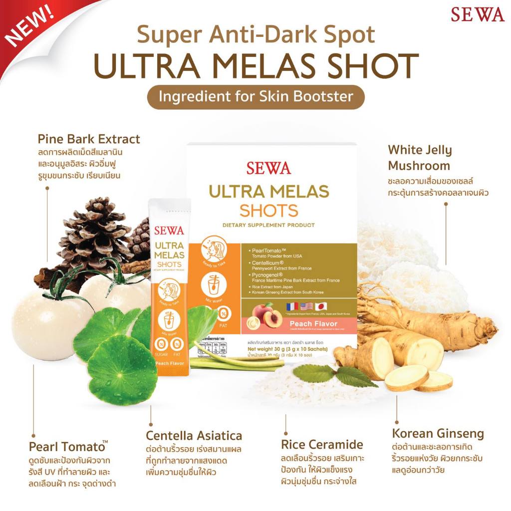 แท้พร้อมส่ง○ Sewa Ultra Melas Shot ผลิตภัณฑ์เสริมอาหาร เซวา อัลตร้า เมลาส ช็อต ผงลดฝ้า