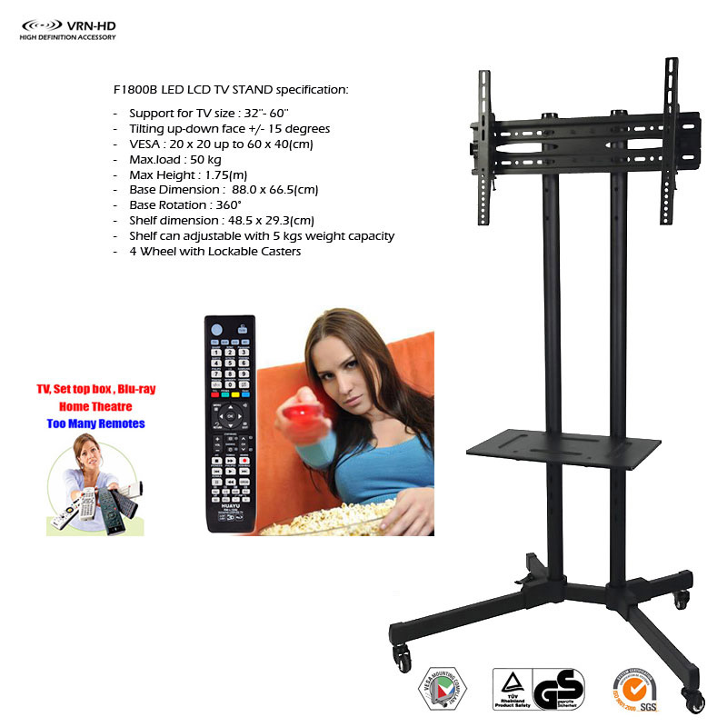 New 2022 ขาตั้งทีวี F1800BR ขาตั้งทีวีล้อเลื่อน ปรับก้ม-เงยได้ TV STANDs for 43"- 70" Max VESA 600x400 mm., Weight Capacity 50 kg. with 4 in 1 Universal TV remote