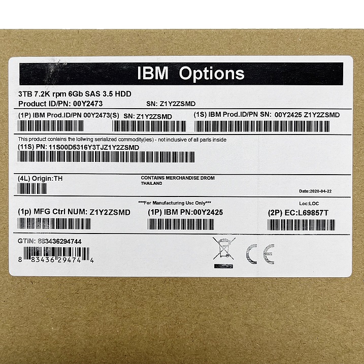 NEW IBM 00Y2473, 00Y2425, 2072-ACKB [TorCompTH Thailand ขาย จำหน่าย ราคา] IBM 3TB 7.2K 6Gb SAS 3.5 LFF HDD for V3700 Gen1 2072-24C/24E