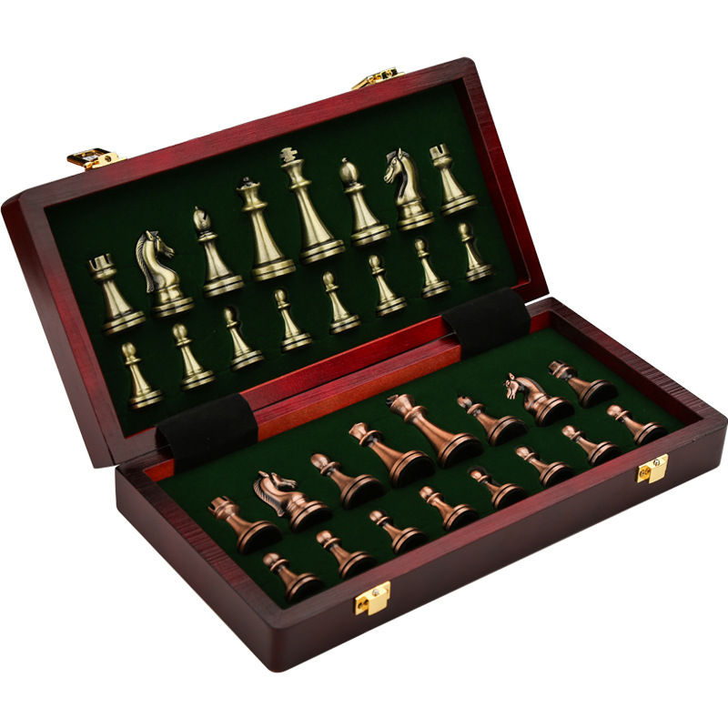 ชุดหมากรุกสากลไม้พับ (ตัวMetal สีgreen bronze & red bronze) Wooden Chess Set