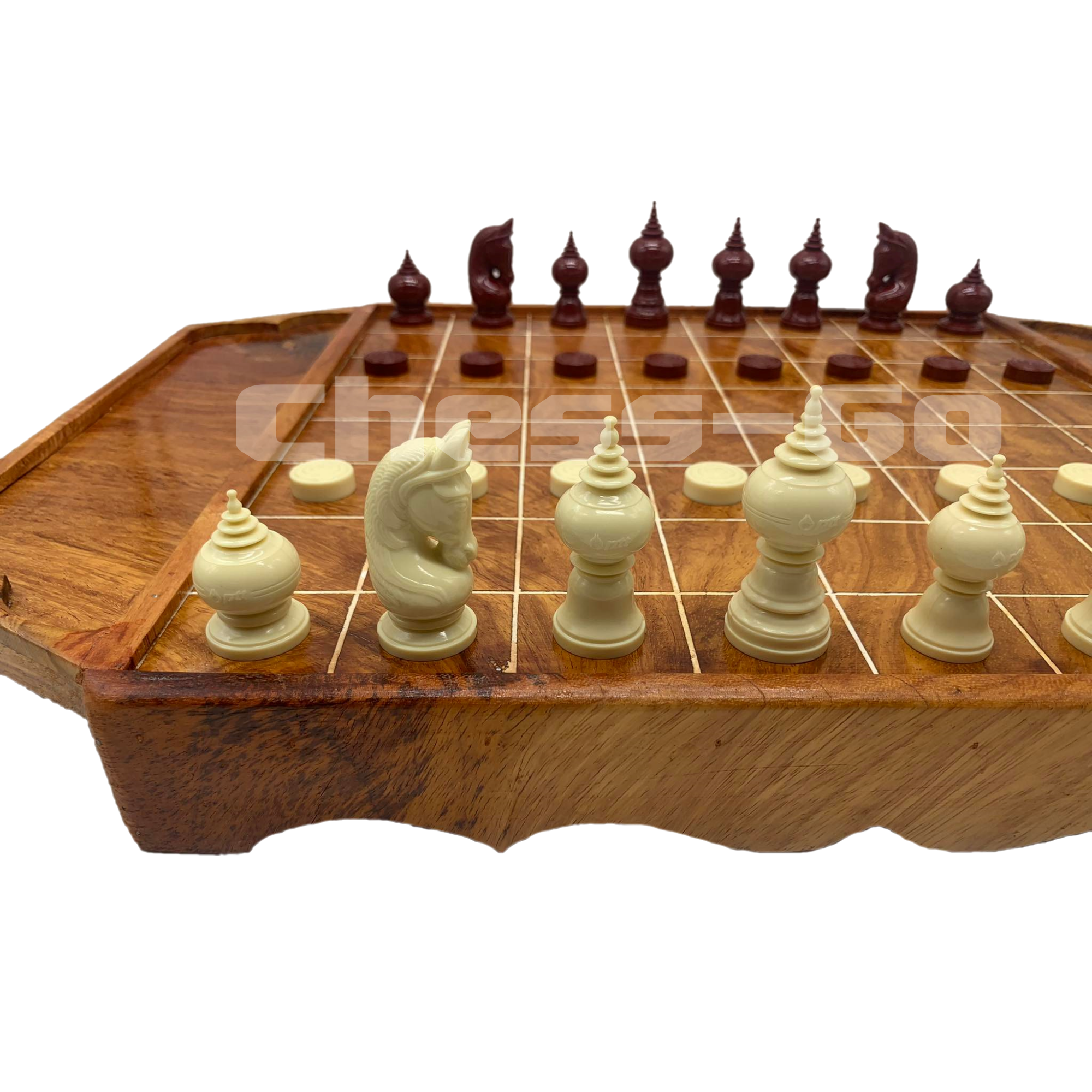 ชุดหมากรุกไทยไม้(กระดานไม้มะค่ามีขอบ+ตัวพลาสติกptt)