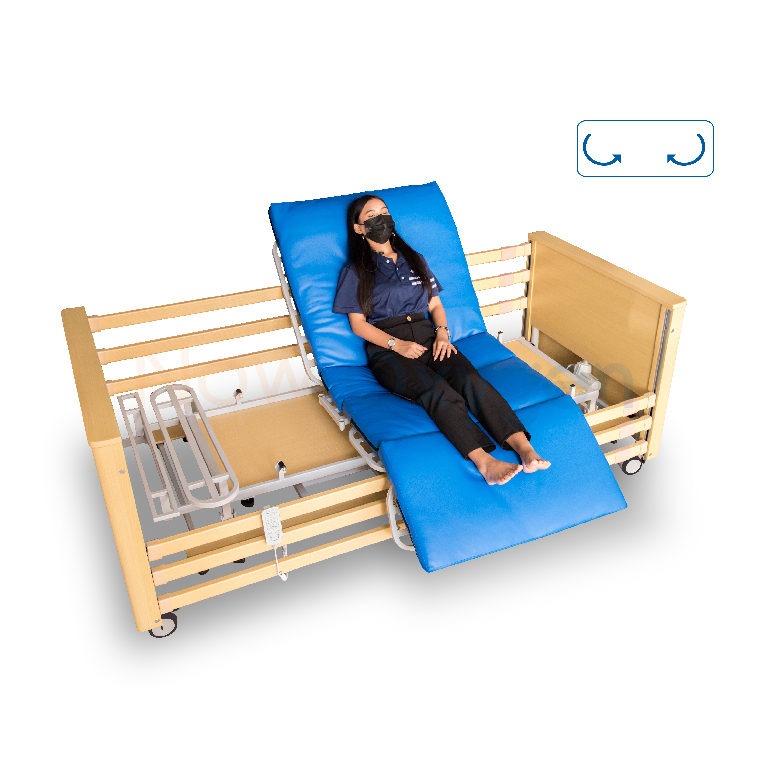 เตียงผู้ป่วยลายไม้ Solid Wood ไฟฟ้าพิเศษ แบบปรับหมุนได้ (Turnaround Premium) สำหรับกายภาพบำบัด ปรับเป็นท่านั่ง และใช้ฝึกยืน รับประกันศูนย์ไทย 6 ปี