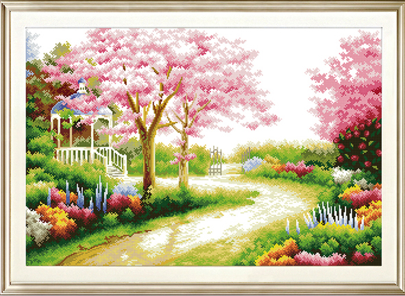 ชุดปักครอสติช ลายสวนสวยหลังบ้าน (งานปักเต็มลาย ไม่มีเดินเส้น) ขนาด 76*55 ซม.ผ้าครอสติช 11CTพิมพ์ลายปักบนผ้า ไหมคอตตอน 32 สี ผังลาย เข็ม