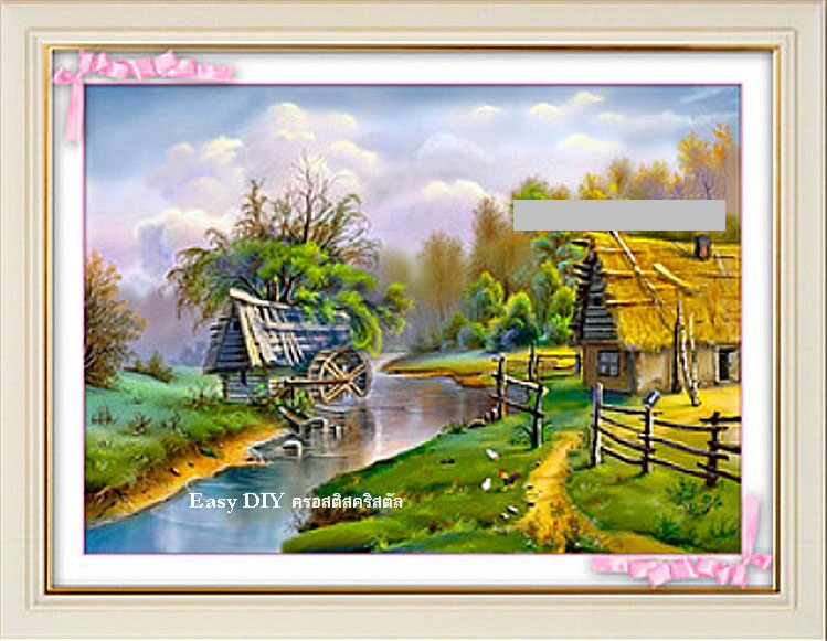 อุปกรณ์งานฝีมือ diy ครอสติสคริสตัลรูปบ้านไร่ชายคลอง ติดเต็มภาพ