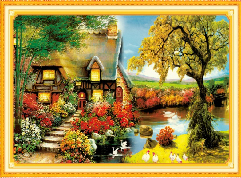 ชุดปักครอสติช ลายบ้านน้อยในสวนสวย (งานปักเต็มลาย ไม่มีเดินเส้น) ขนาด 68*50 ซม.ผ้าครอสติช 11CTพิมพ์ลายปักบนผ้า ไหมคอตตอน 45 สี ผังลาย เข็ม
