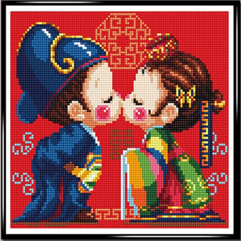 ชุดภาพติดคริสตัลกลม ลายคู่บ่าวสาว พื้นแดง (งานติดเต็มภาพ) ขนาด 40*40 ซม.ผ้าแคนวาส ลงกาวติดเต็มลาย+คริสตัลกลม 17 สี+อุปกรณ์ครบชุด