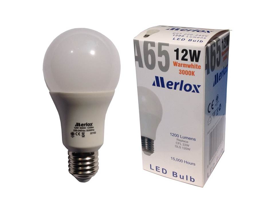 หลอดไฟ LED A65 220-240V 12W 1200LM 3000K E27 MERLOX