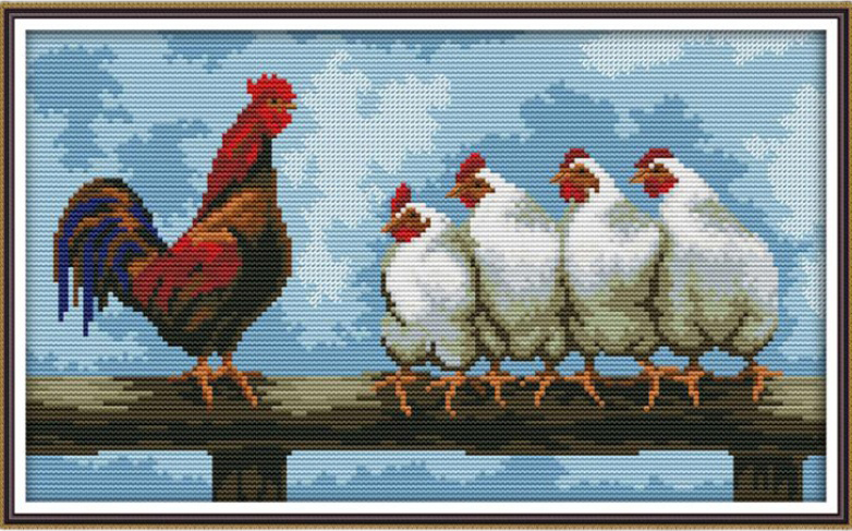 ชุดปักครอสติช ลายครอบครัวไก่ (งานปักเต็มลาย) ขนาด 47*29 ซม.ผ้าครอสติช 11CTพิมพ์ลายปักบนผ้า ไหมคอตตอน 19 สี ผังลาย เข็ม