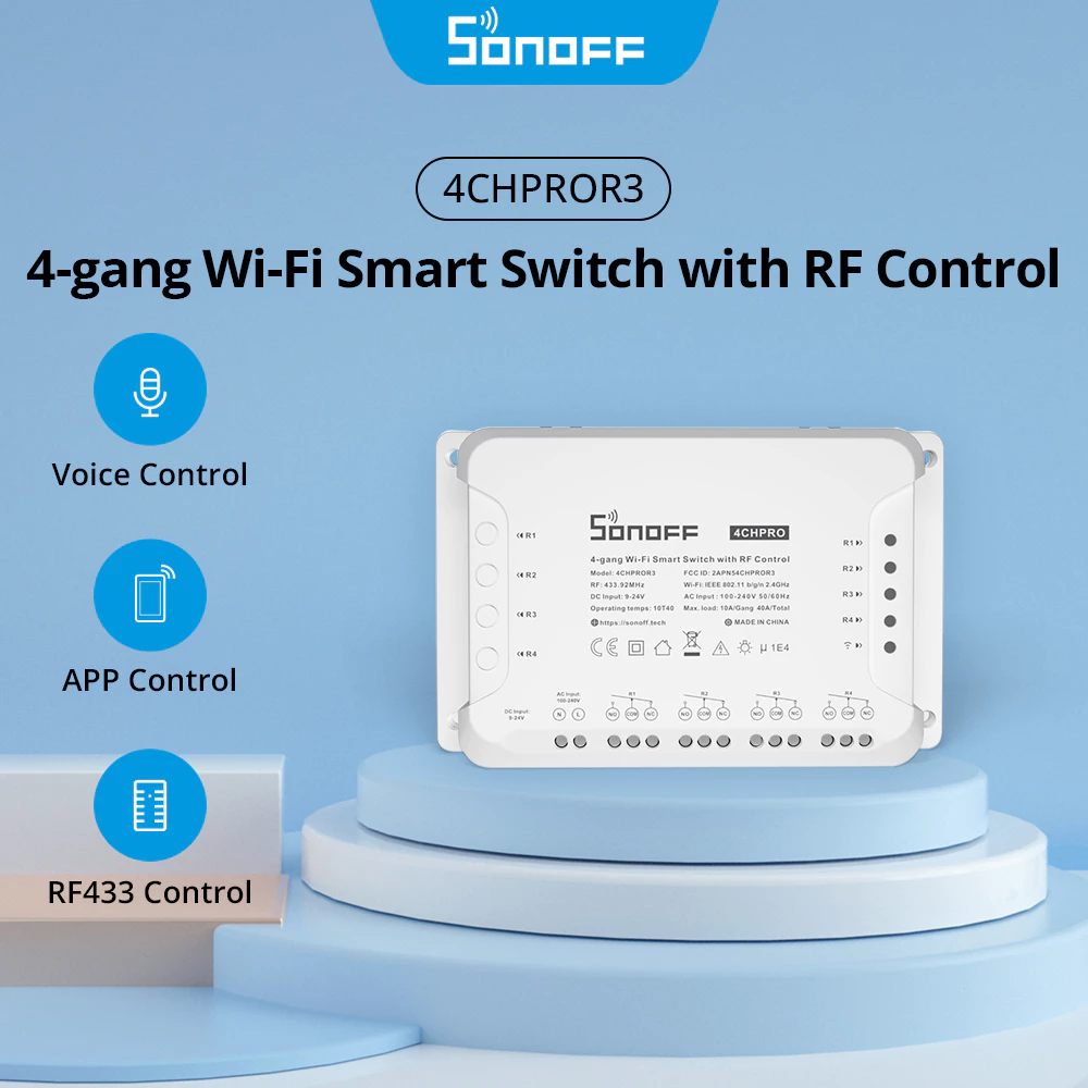 Sonoff 4CH PRO R3 สวิตช์ Wi-Fi สามารถควบคุมเปิดปิด ตั้งเวลาผ่านสมาร์ทโฟน รองรับรีโมท 433MHZ