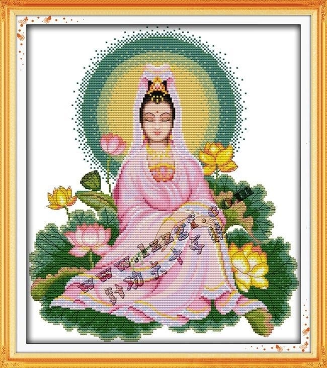 ชุดปักครอสติช ลายพระโพธิสัตว์กวนอิม (ปักครั้งละ 3 เส้นเล็ก) ขนาด 47*54 ซม.ผ้าครอสติช 11CTพิมพ์ลายปักบนผ้า ไหมคอตตอน 35 สี ผังลาย เข็ม