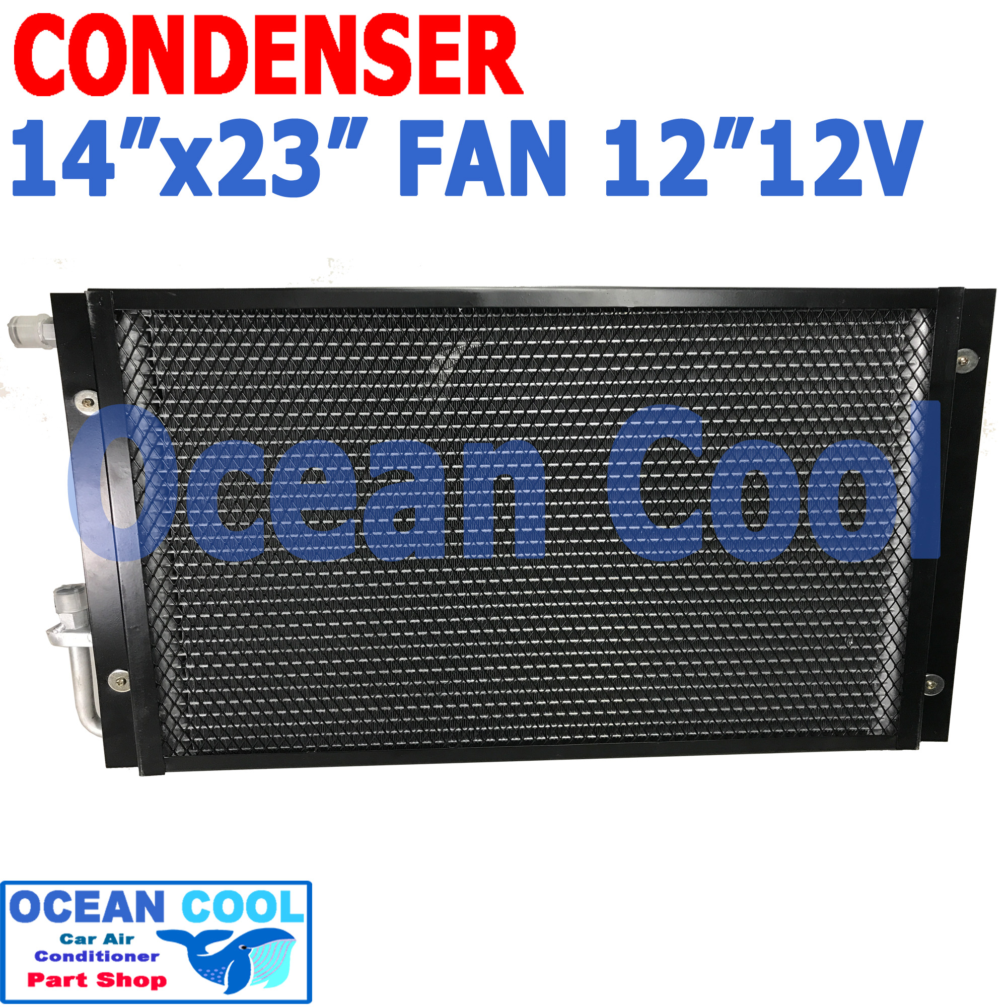 แผงแอร์ พาราเรล โอริง 14x23" หนา 26 มิล พัดลม 12นิ้ว 12V CD0081 ตะแกรงกันหิน หน้าและหลัง ขนาด 14×23 นิ้ว condenser parallel oring Coolling Fan 12 12v
